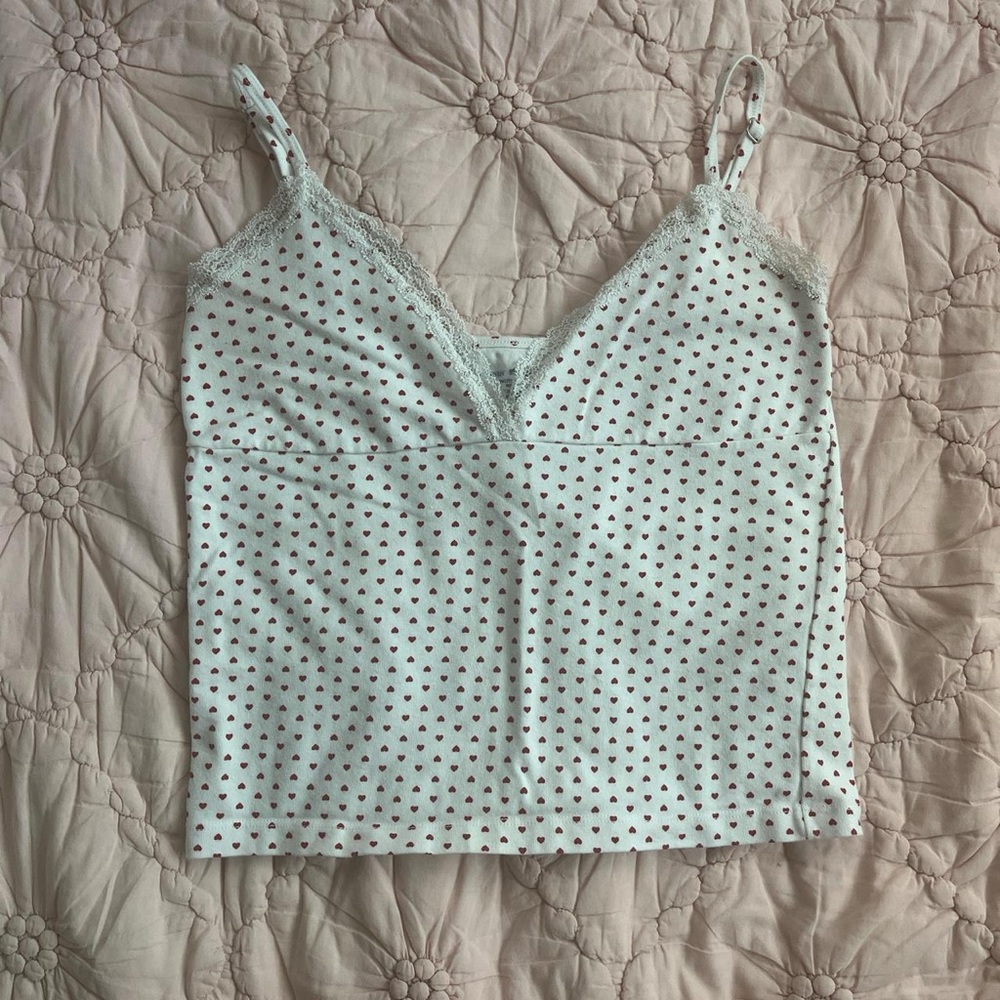 White and Red Brandy Melville Heart Tank Top